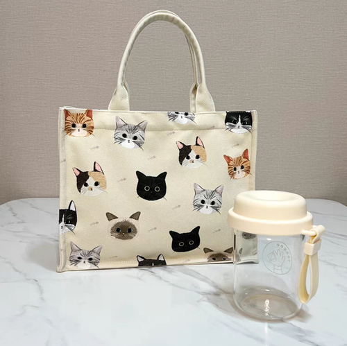 LUNCH BAG - Cream Top Handle Bag with Cats