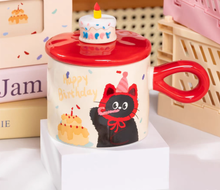 CUP - Birthday Cake Cat Ceramic Microwavable Mug with Lid