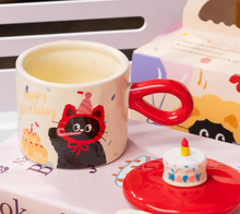 CUP - Birthday Cake Cat Ceramic Microwavable Mug with Lid