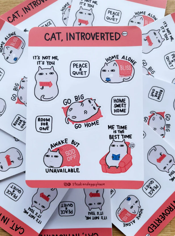 STICKERS - Introvert Cat Sticker sheet by SteakandEggsPlease